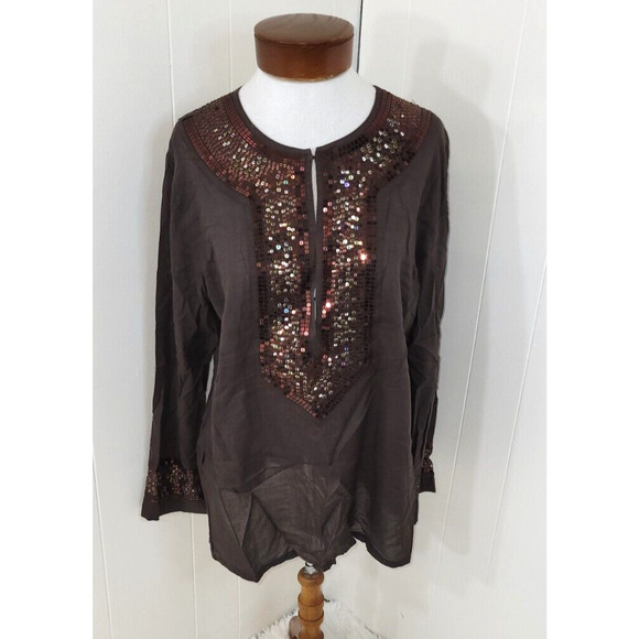 Chico's Size 2 Brown Sequin VNeck Hook Eye Sheer Long Sleeve Lightweight Top - Picture 1 of 9